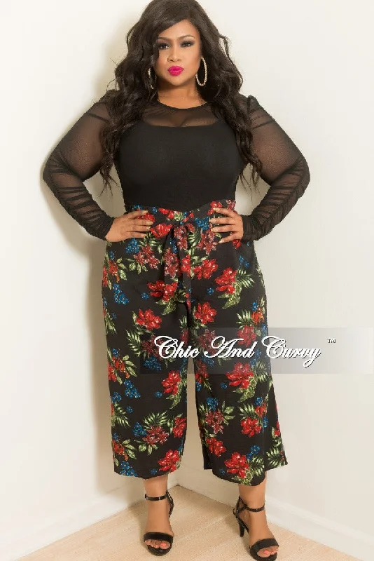 Large women's oversize topsFinal Sale Plus Size Loose Fitted Pants with Attached Tie in Black Floral Print