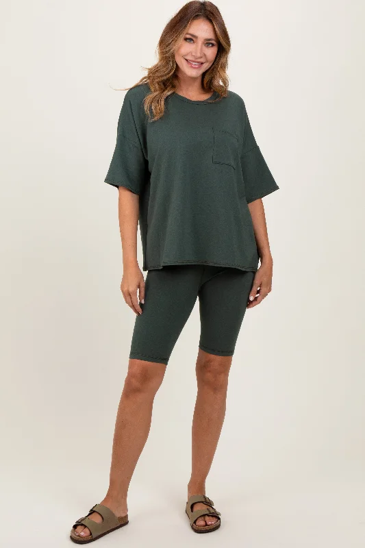 Cotton Short Sleeve TopsHunter Green Oversized Short Sleeve Biker Short Set