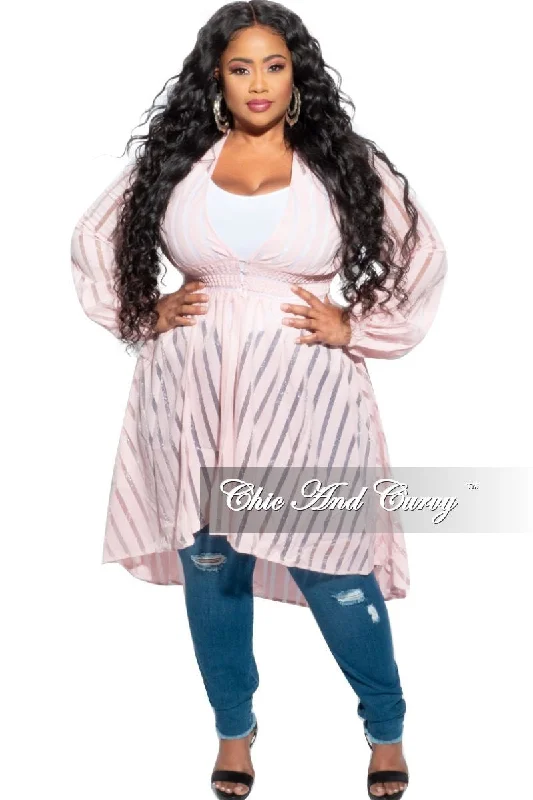 Knitted ShirtFinal Sale Plus Size Sheer Button High-Low Duster in Pastel Pink