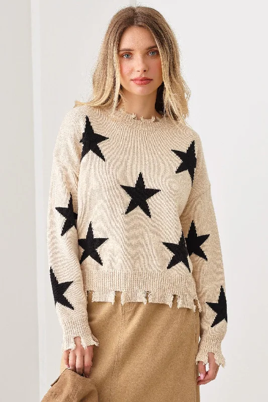 Star Printed Frayed Detail Long Sleeve SweaterCollege Knit Tops