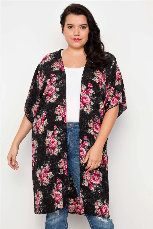 Linen Short Sleeve TopsPlus Size Black Floral Print Boho Short Sleeve Cardigan /2-2-2