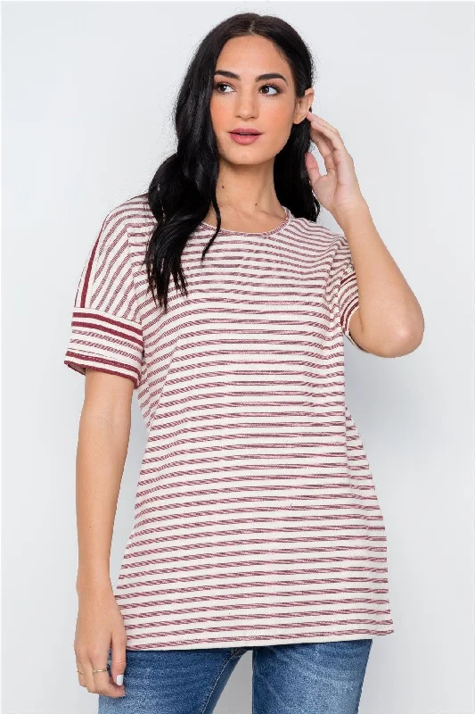 Outdoor Short Sleeve TopsBurgundy Cream Stripe Short Sleeve Top /3-1-2