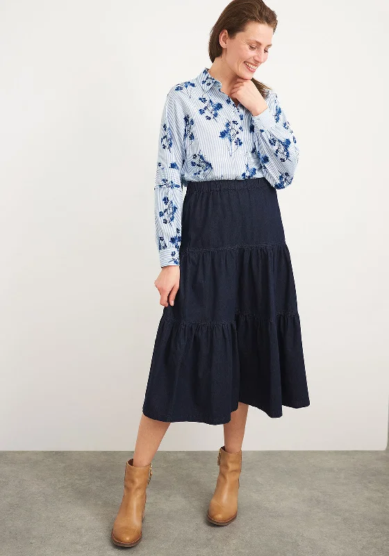 Cocktail SkirtWhite Stuff Mia Tiered Denim Midi Skirt, Navy