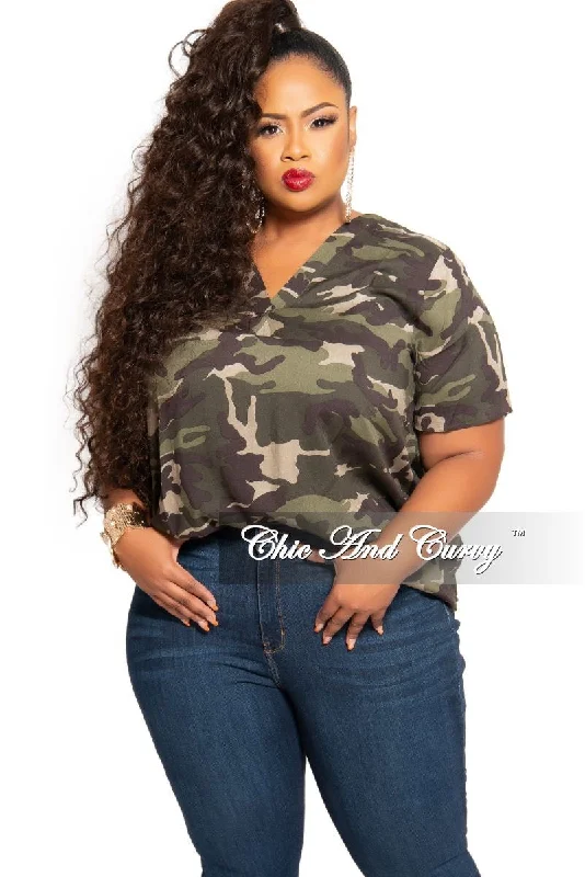 Plus size women's knitted topsFinal Sale Plus Size V-Neck Top in Camouflage Print