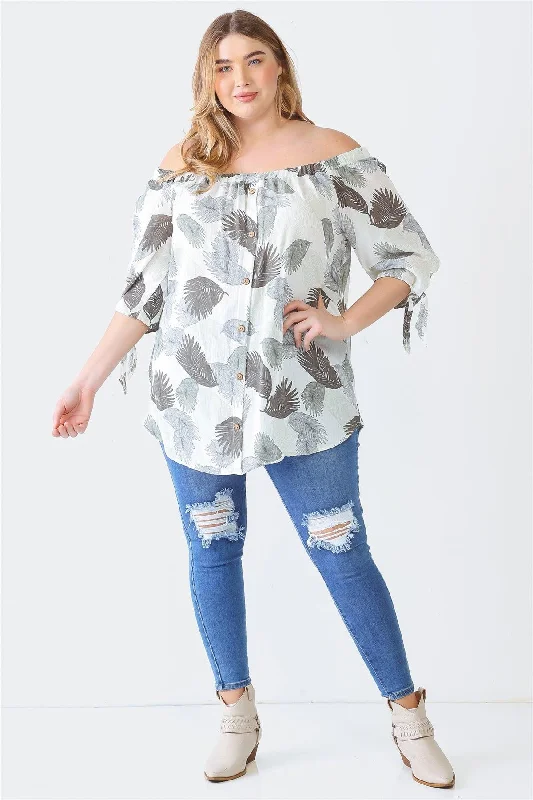 Plush Short Sleeve TopsJunior Plus Cream Sage Palm Leaves Print Button-Up Off-The-Shoulder Short Sleeve Top /2-1-1