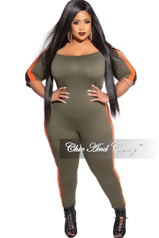 Large women's windproof topsFinal Sale Plus Size Off the Shoulder Jumpsuit in Olive with Burnt Orange and Black Trim