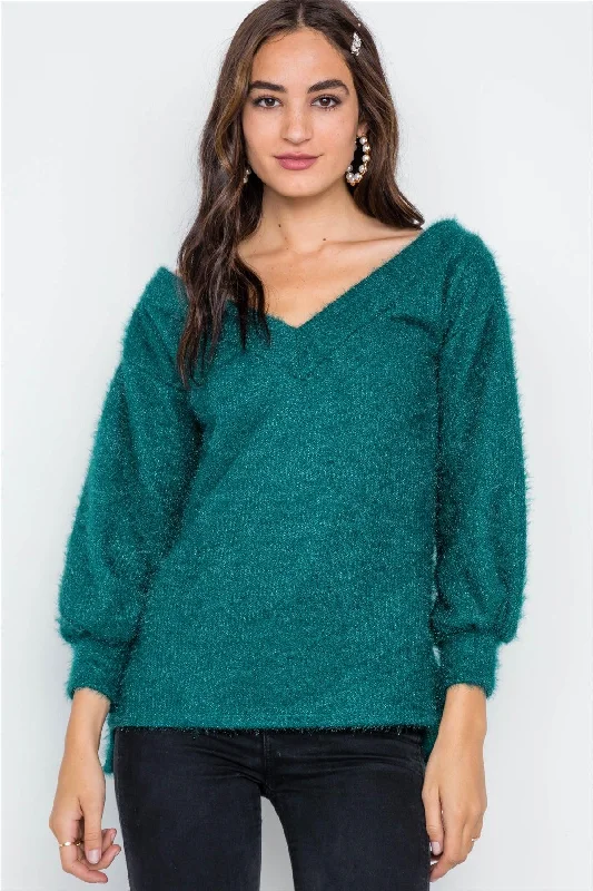 Teal Fuzzy Long Sleeve V-Neck Sweater /2-2-2Metallic Knit Tops