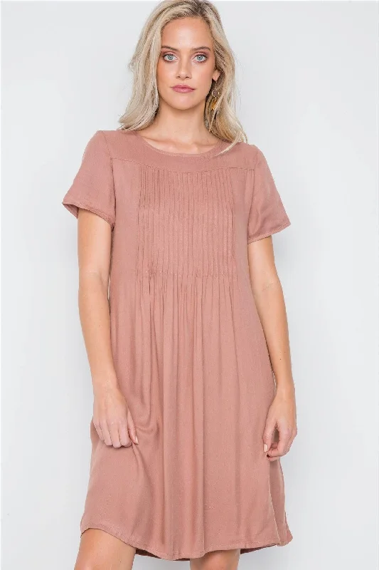 Minimalist Short Sleeve TopsMauve Short Sleeve Pleated Boho Dress /2-2-2