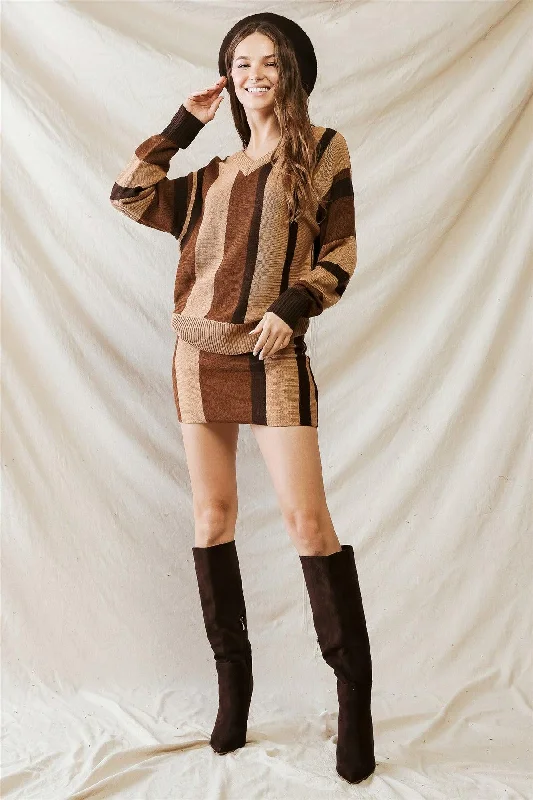 Brown Multi Colorblock Knit V-Neck Sweater & High Waist Mini Skirt Set /1-2-2-1Organic Cotton Knit Tops