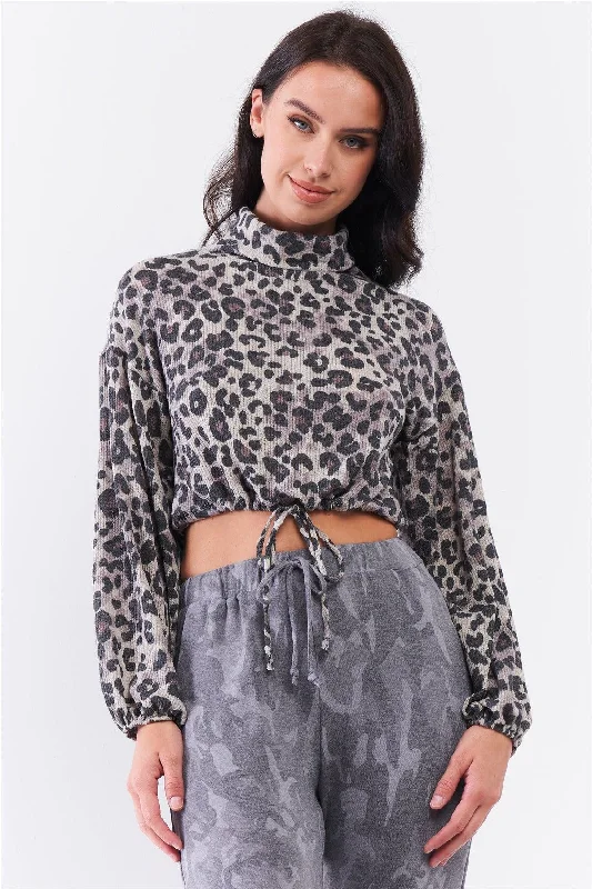 Taupe Black Leopard Turtleneck Relaxed Balloon Sleeve Draw-String Hem Crop Sweater /2-2Outdoor Knit Tops