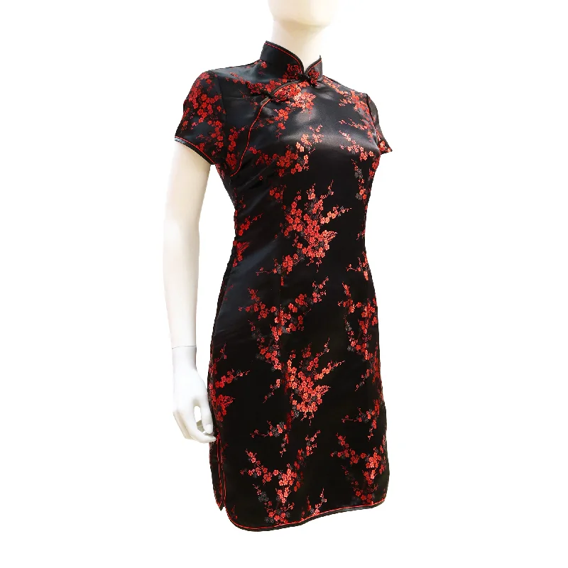 Band Merch Short Sleeve TopsShort Sleeve Mini Qipao with Red Blossoms - Black