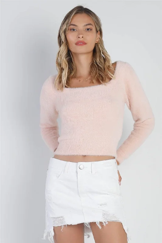 Blush Fluffy Square Neck Long Sleeve Sweater /3-2-1Hiking Knit Tops