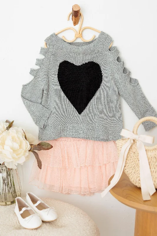 Girls Heart Print Cut-Out Sleeve SweaterHiking Knit Tops