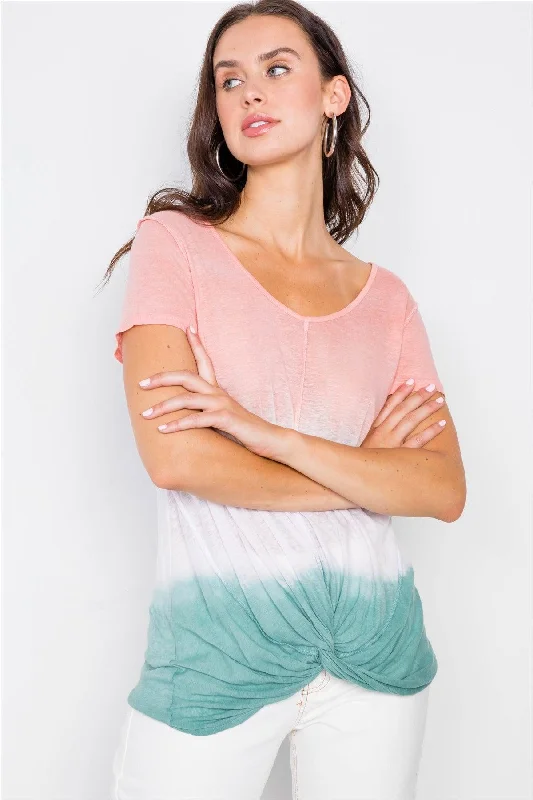 Quick-Dry Short Sleeve TopsCoral Jade Dip Tie Dye Front Tie Short Sleeve Semi-Sheer Tee /2-2-2