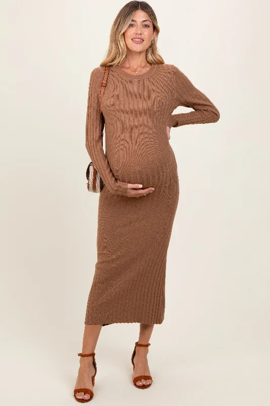 Mocha Ribbed Knit Fitted Maternity Midi Sweater DressLayered Knit Tops