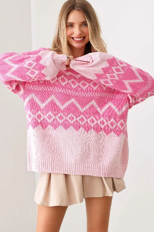 Oversize Tribal Print Long Sleeve SweaterLogo Knit Tops