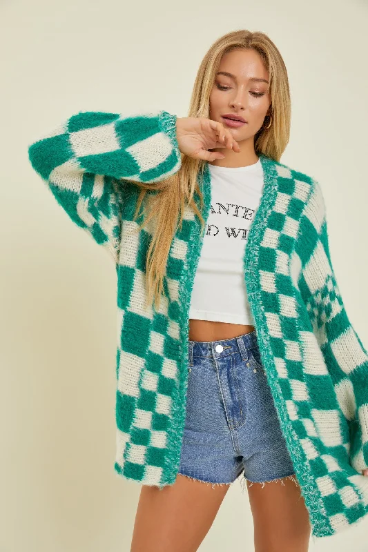 Green Checkered Cardigan SweaterV-Neck Knit Tops