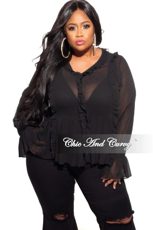 Women's thick topsFinal Sale Plus Size Sheer Top with Ruffle Sleeves