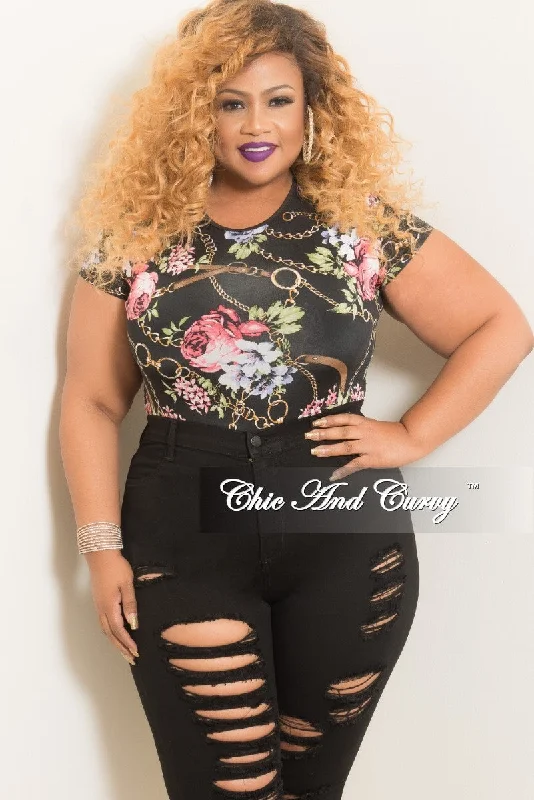 Large women's waist-baring topsFinal Sale Plus Size Chain Print Bodysuit in Black Floral Print