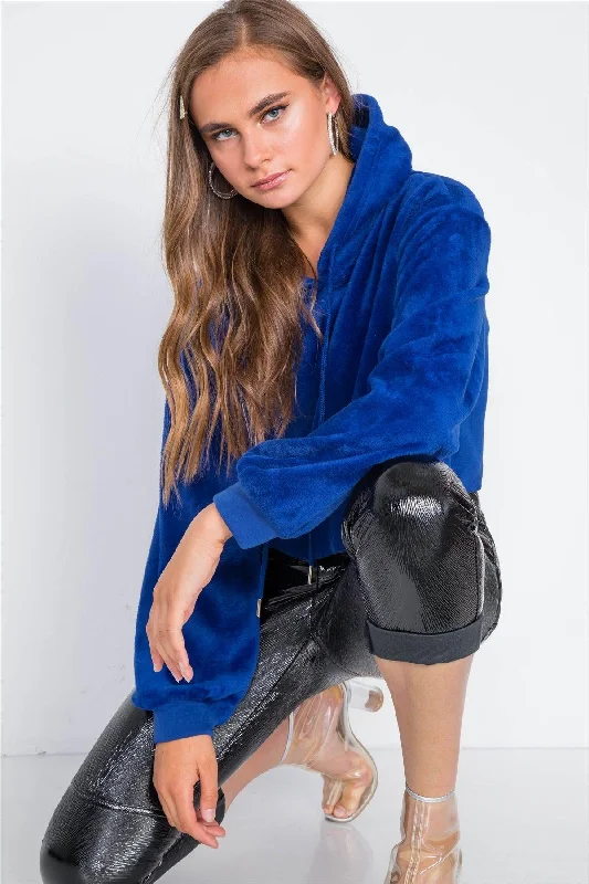 Royal Blue Hooded Long Sleeve Fleece Sweater /2-2-2Silk Knit Tops