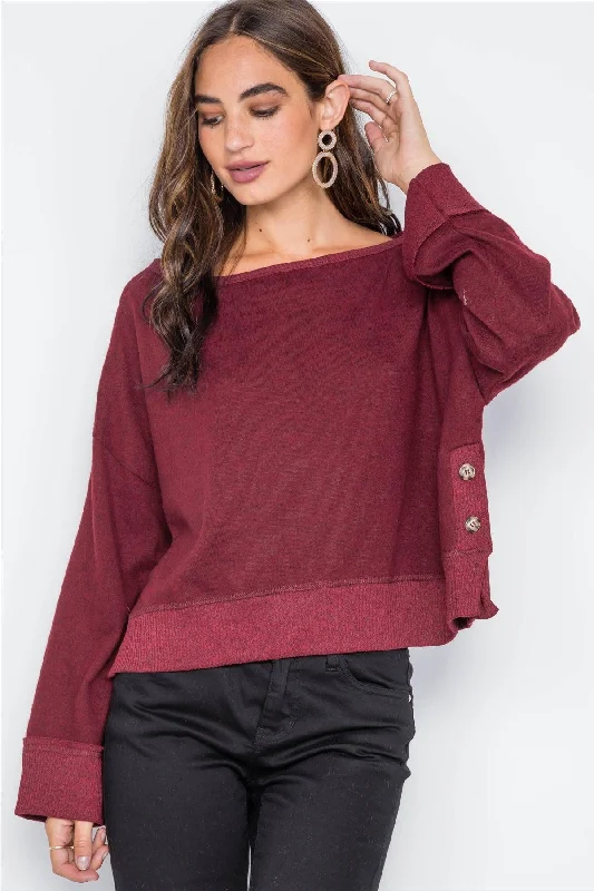 Burgundy Soft Knit Side-Button SweaterSheer Knit Tops