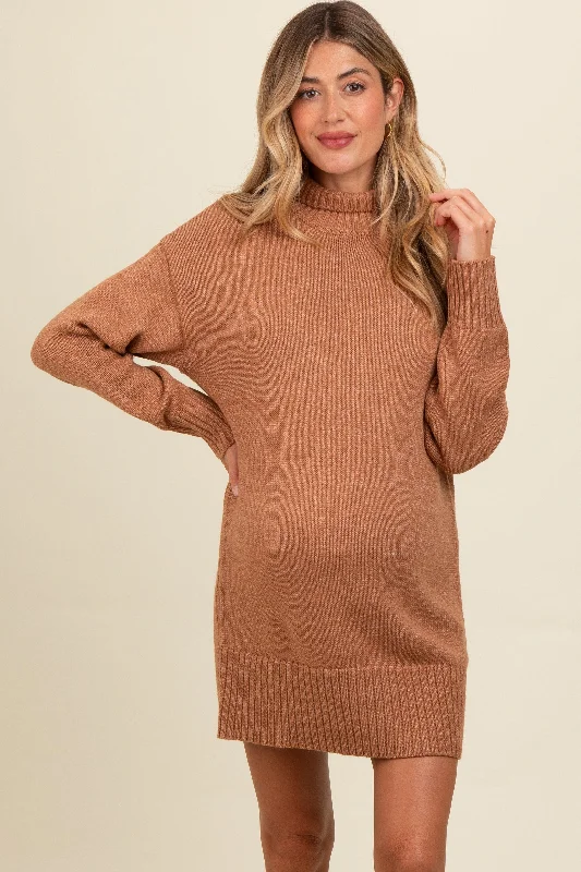 Camel Turtle Neck Maternity Mini Sweater DressBamboo Knit Tops