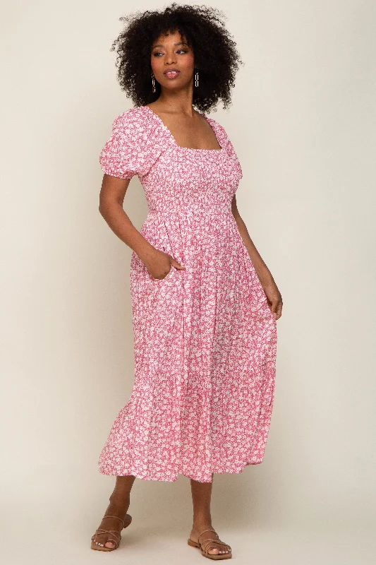 Longline Short Sleeve TopsPink Floral Smocked Short Sleeve Midi Dress