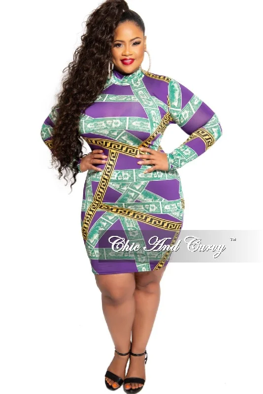 Women's summer topsFinal Sale Plus Size Mock Neck Money Design BodyCon Dress in Purple Maze Print