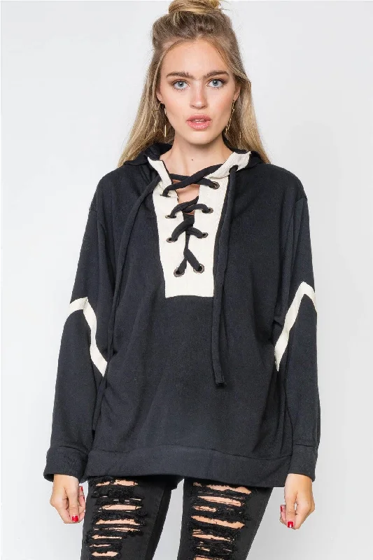 Black Knit Hooded Lace-Up Sweater /2-2-2Performance Knit Tops