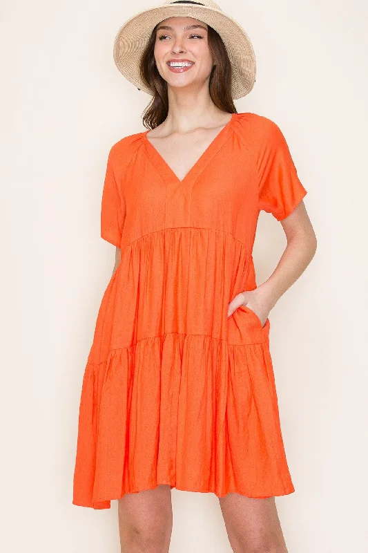 Fleece Short Sleeve TopsOrange V-Neck Tiered Short Sleeve Dress