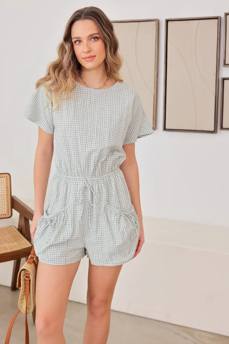 Casual Short Sleeve TopsShort Sleeve Drawstring Waist Checker Romper