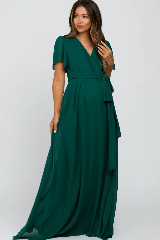 Running Short Sleeve TopsForest Green Chiffon Short Sleeve Maternity Maxi Dress