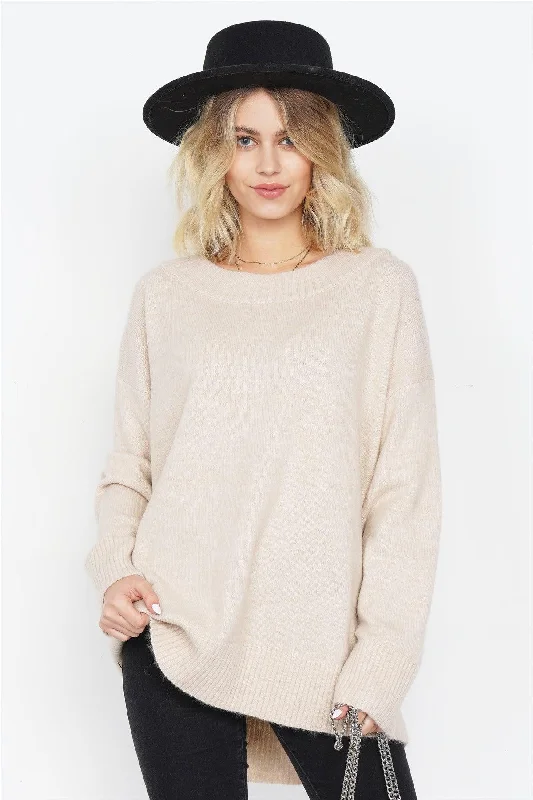 Solid Wool Oversized Ribbed Hem Scoop Neck SweaterFitted Knit Tops