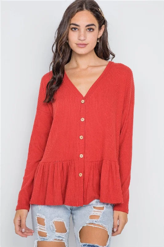 Orange Red Ribbed Long Sleeve Button Front Sweater /2-2-2Boat Neck Knit Tops