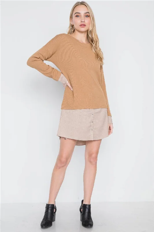 Taupe Knit Combo Long Sleeve Sweater Dress /3-3Hip-Hop Knit Tops