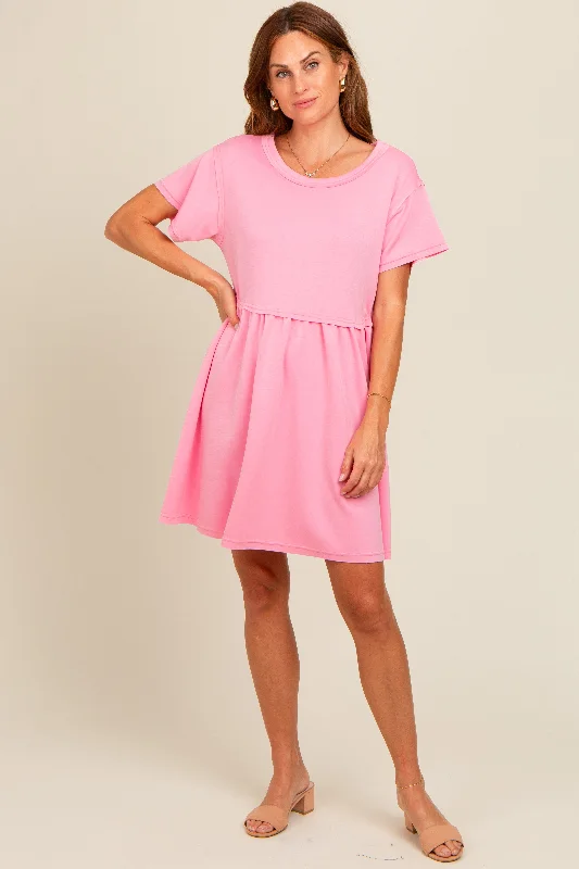 Off-Shoulder Short Sleeve TopsPink Cut Edge Short Sleeve Dress