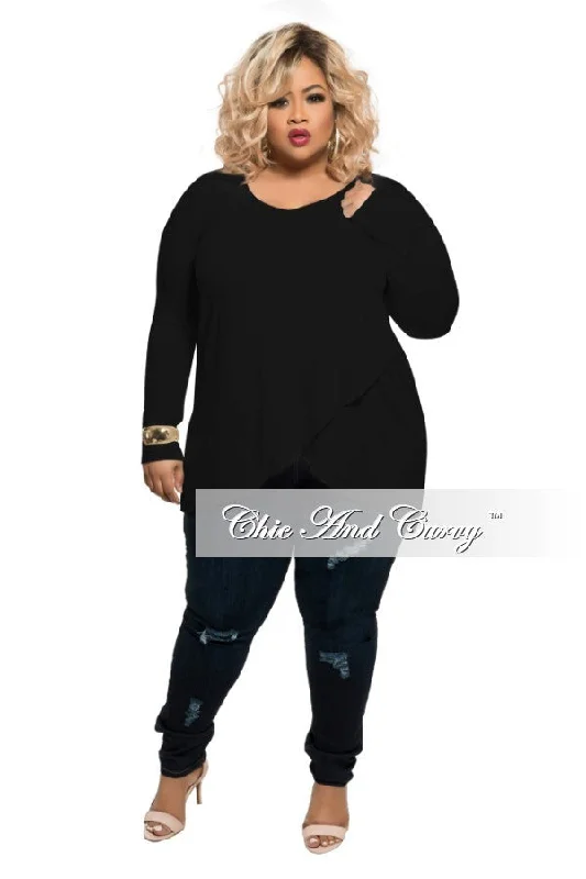 Large women's stretch topsFinal Sale Plus Size Long Sleeve V-Neck Top with Tulip Hemline in Black