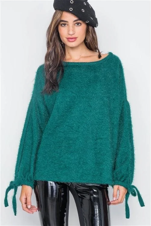 Teal Fuzzy Slit Sleeves Casual Soft SweaterGlitter Knit Tops