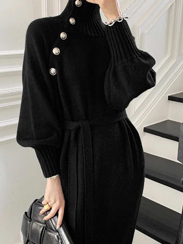 Business DressTurtleneck Button Belted Sweater Dress