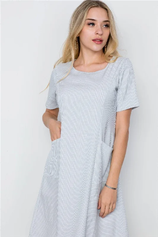 Recycled Fabric Short Sleeve TopsGrey Stripe Short Sleeve Loose Fit Boho Dress / 3-2-1