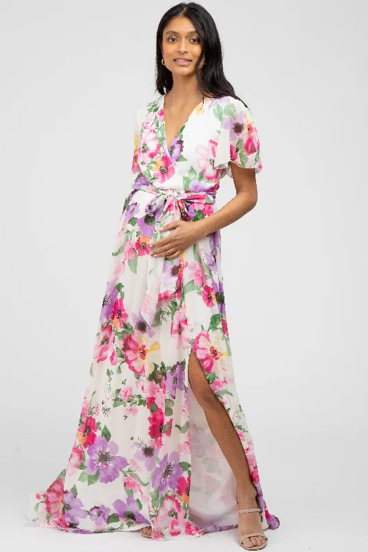 Fishing Short Sleeve TopsPink Floral Chiffon Short Sleeve Side Slit Maternity Maxi Dress