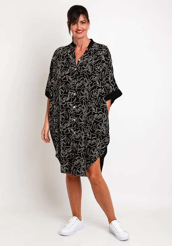 High-visibility DressNatalia Collection One Size Embroider Floral Printed Midi Shirt Dress, Black