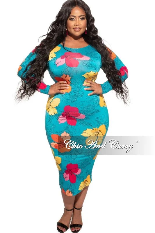 Women's commuter topsFinal Sale Plus Size Bodycon Dress in Turquoise Floral Print