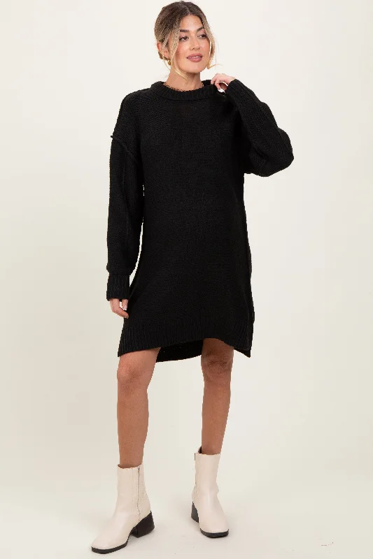 Black Exposed Seam Oversized Maternity Sweater DressLayered Knit Tops