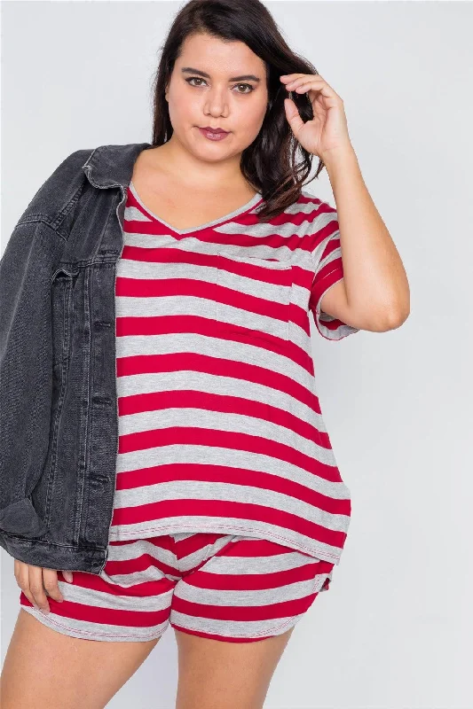 Running Short Sleeve TopsPlus Size Red & Heather Grey Rolled Short Sleeve Stripe Comfy Short Set  /1-3-2