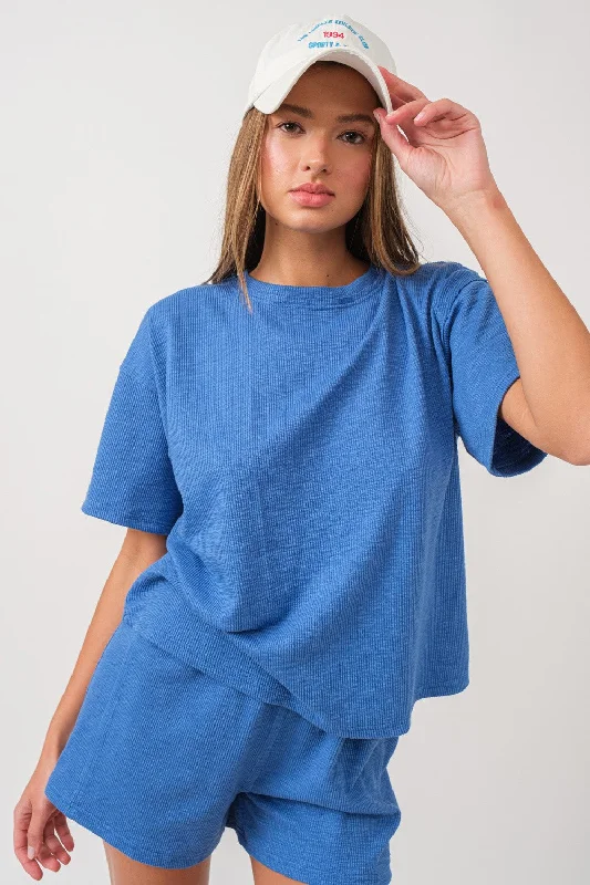 Sleep Short Sleeve TopsBlue Ribbed Short Sleeve Short Set