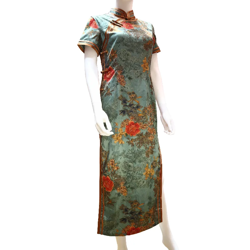 Slim Fit Short Sleeve TopsShort Sleeve Qipao - Blue with Floral Pattern