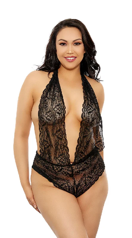 Large women's belly-baring topsPlus Size Luxurious Lace Crotchless Teddy