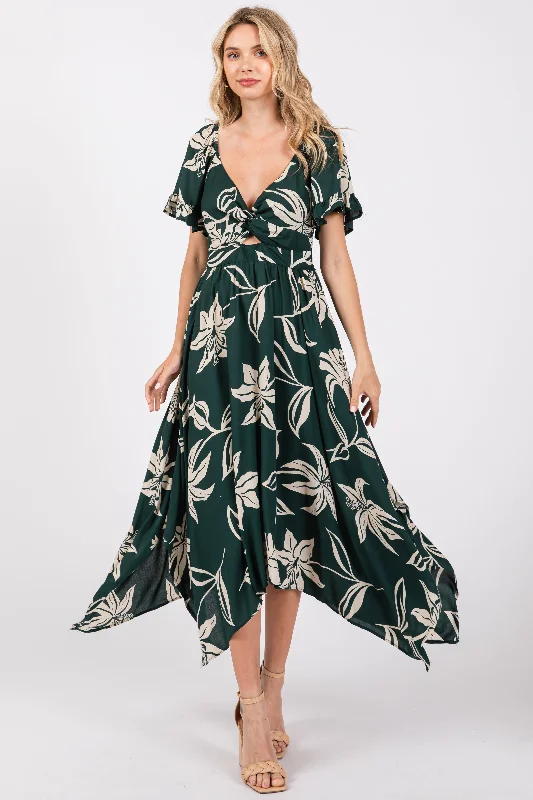 French Terry Short Sleeve TopsForest Green Floral Knot Front Short Sleeve Asymmetrical Hem Maxi Dress