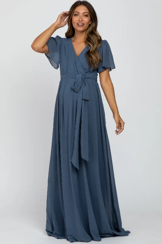 Hunting Short Sleeve TopsBlue Chiffon Short Sleeve Maternity Maxi Dress